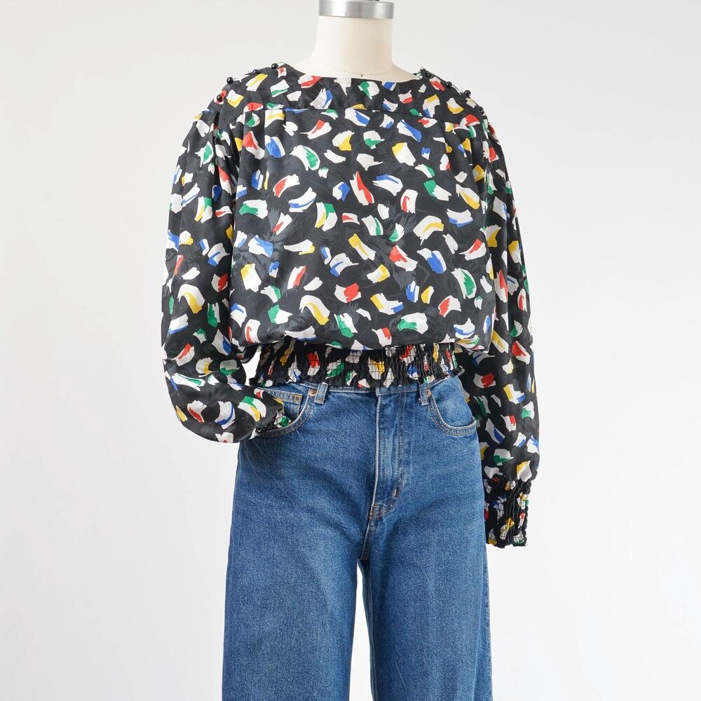 Vintage 80s Black Abstract Print Puff Sleeve Smocked Blouson Blouse Top M